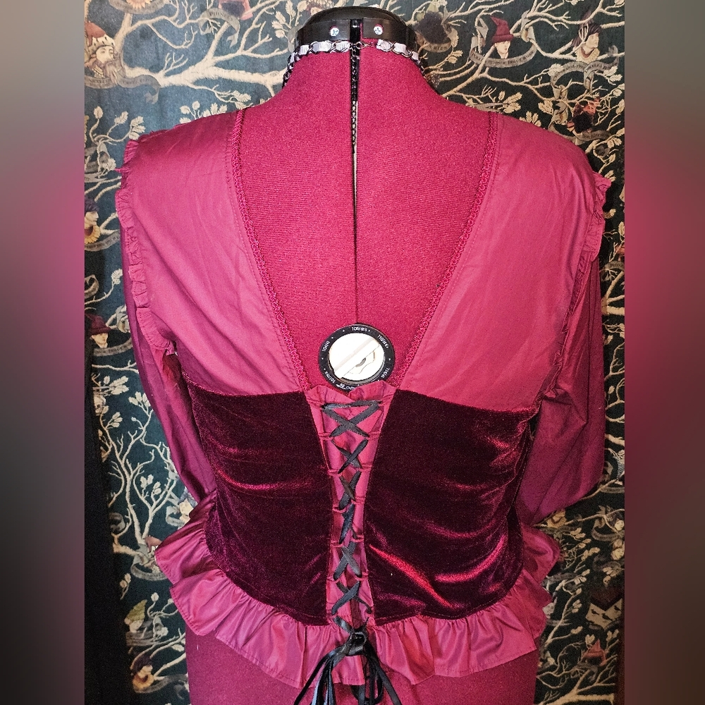 Scarlet Darkness XXL Dark Burgundy Victorian Gothic Steampunk Corset Blouse - Picture 3 of 14
